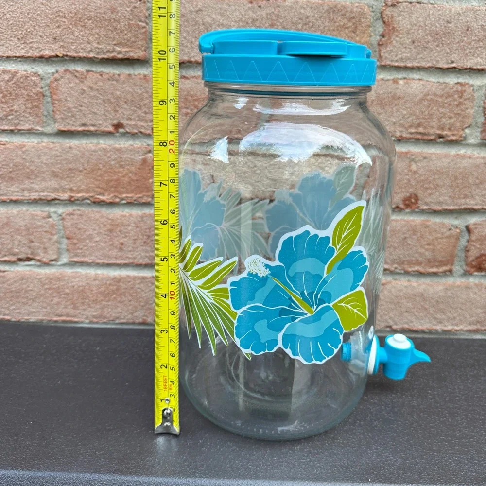 Vintage Blue Hibiscus Glass Sun Tea Jar 1 Gallon Beverage Dispenser Spigot READ